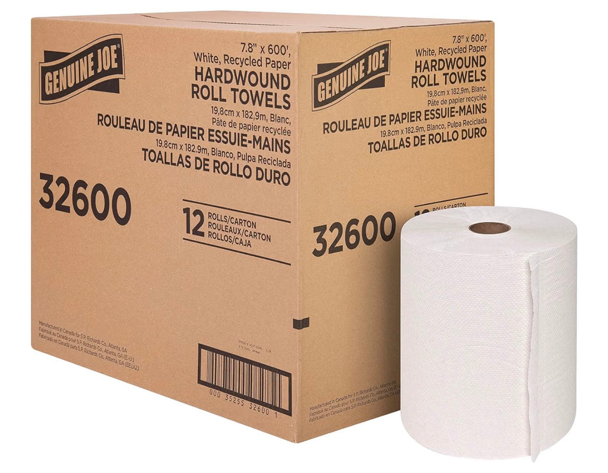 Genuine Joe Embossed Hardwound Roll Towels, 2" Core, 1-Ply, 7.8" x 600', White, 12 Count