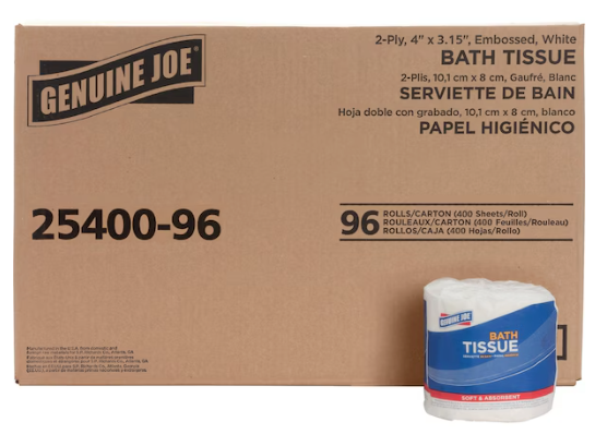 GENUINE JOE Standard Toilet Paper - 400 Sheets/Roll, 3.15" x 4", White, 96 Rolls/Box