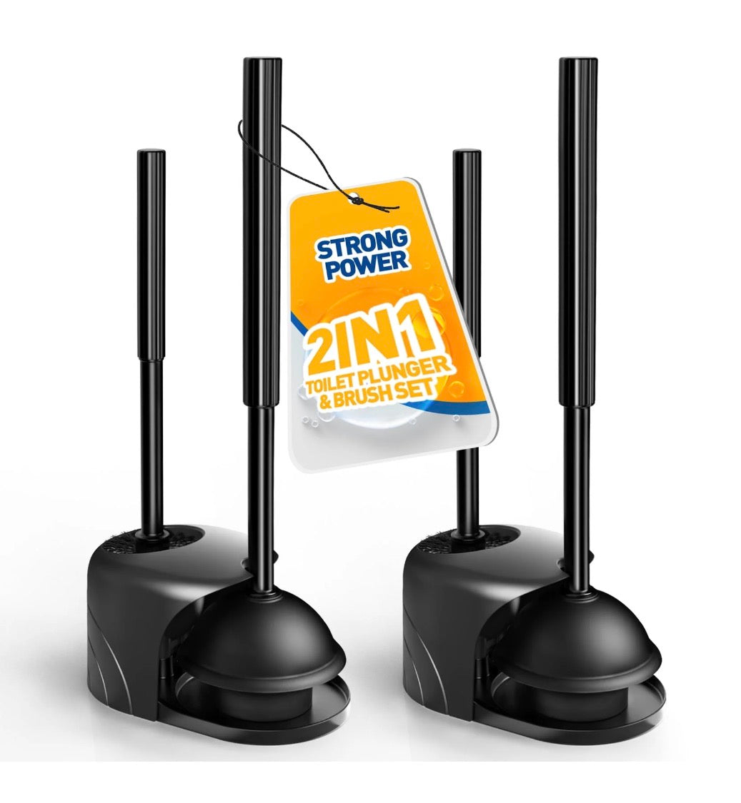 2Pack 2 in 1 Toilet Brush and Plunger Set, Extended Handle Plunger,Toilet Bowl Brush Plunger Set,Bathroom Cleaning Tools,Cleaning Brush,Toilet Brush Plunger Combo,Cleaning Supplies(Black)