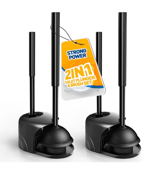 2Pack 2 in 1 Toilet Brush and Plunger Set, Extended Handle Plunger,Toilet Bowl Brush Plunger Set,Bathroom Cleaning Tools,Cleaning Brush,Toilet Brush Plunger Combo,Cleaning Supplies(Black)