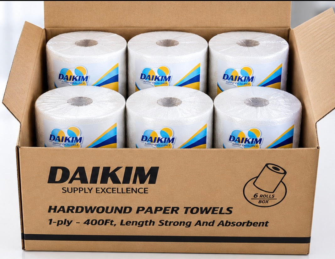 DAIKIM Hardwound Paper Towels, 1 Ply, Continuous Roll Sheets, 400 ft, White, 6 Rolls/Box
